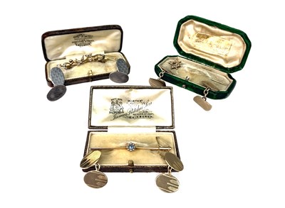 Lot 156 - THREE BROOCHES AND THREE PAIRS OF CUFF LINKS