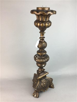 Lot 111 - A GILT WOOD ALTAR STYLE CANDLESTICK AND A CARVED WOOD WALL SHELF
