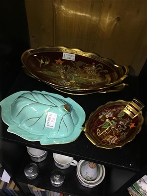 Lot 158 - A LOT OF THREE CARLTON WARE ROUGE ROYAL CHINOISERIE DESIGN DISHES AND A BUTTER DISH
