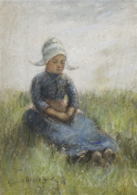 Lot 499 - YOUNG GIRL IN THE GRASS, A PASTEL BY ROBERT GEMMELL HUTCHISON