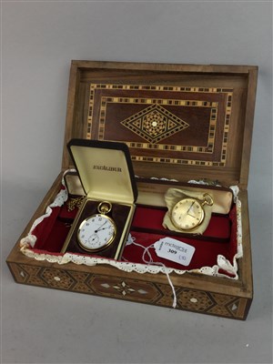 Lot 309 - A LOT OF TWO GOLD PLATED POCKET WATCHES AND A CHAIN
