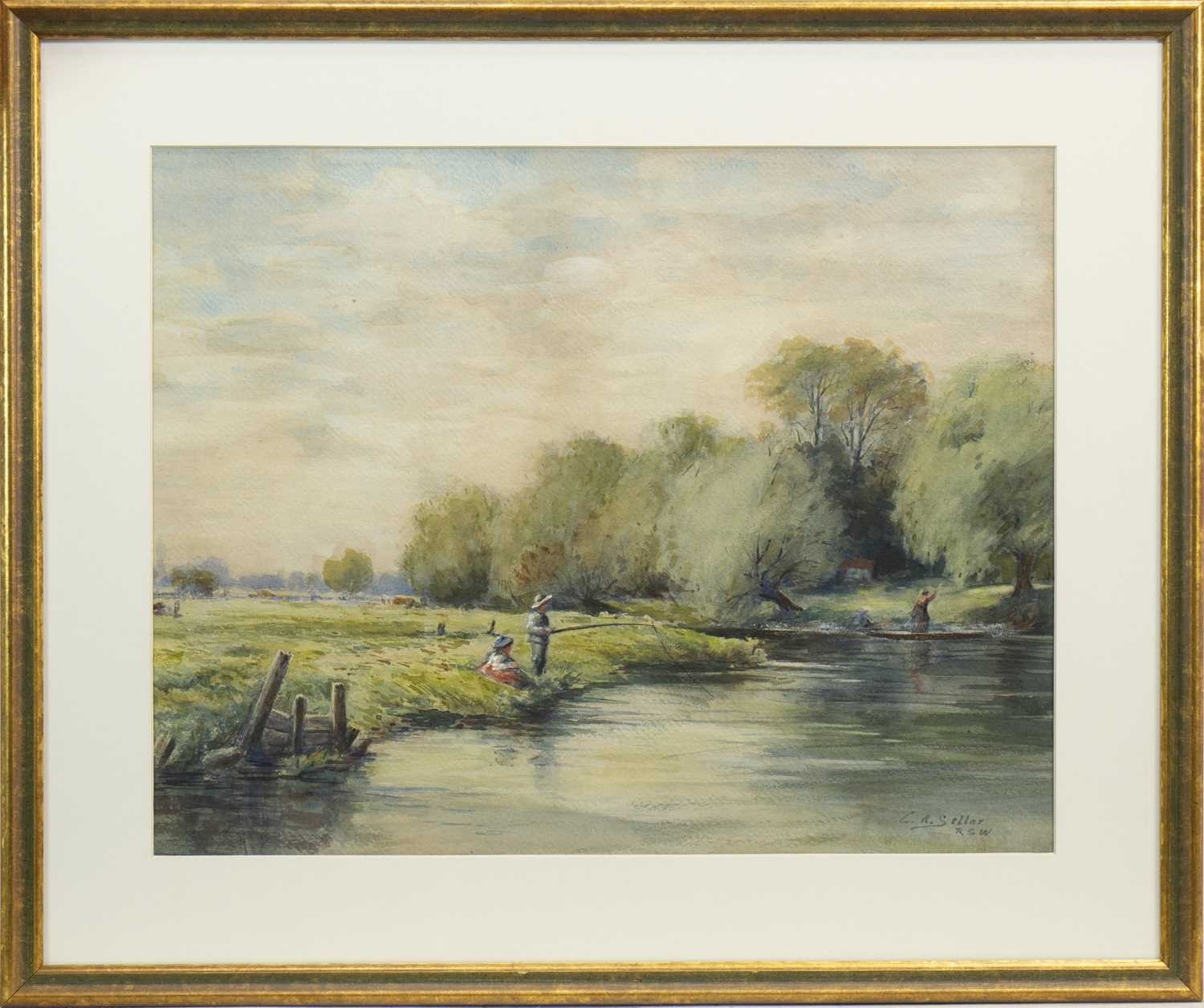 Lot 601 - FISHING BY THE STREAM, A WATERCOLOUR BY C R SELLAR