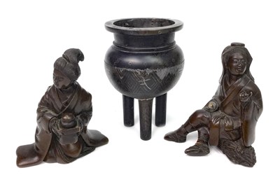Lot 1154 - A LOT OF TWO 20TH CENTURY JAPANESE BRONZE FIGURES AND A CHINESE BRONZE CAULDRON