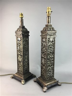 Lot 378 - A PAIR OF MODERN PIERCED SQUARE COLUMN TABLE LAMPS