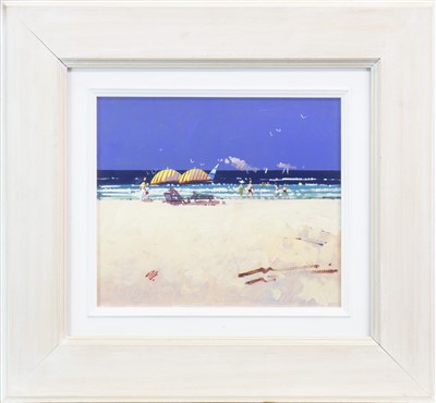 Lot 607 - QUIET DAY AT THE BEACH, AN OIL BY JAMES ORR