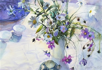 Lot 824 - COSMOS AND MARGARITAS, A WATERCOLOUR BY JEAN MARTIN