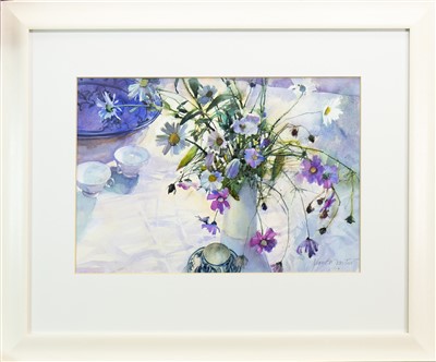 Lot 824 - COSMOS AND MARGARITAS, A WATERCOLOUR BY JEAN MARTIN