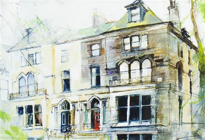 Lot 565 - THE RED DOOR, WESTBOURNE GARDENS, A WATERCOLOUR BY KENNETH A BURNS