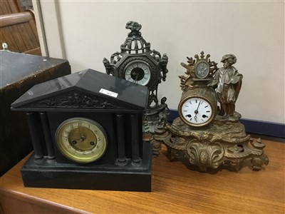 Lot 383 - A VICTORIAN BLACK SLATE MANTEL CLOCK AND TWO OTHERS