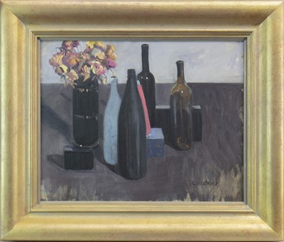 Lot 575 - STILL LIFE WITH PINK CONE, AN OIL BY SANDIE GARDNER