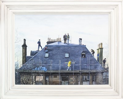 Lot 591 - TOPPING OUT DAY, A WATERCOLOUR BY AVRIL PATON