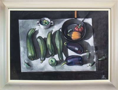 Lot 561 - COURGETTES AND AUBERGINES, A PASTEL BY ALEXANDER ROBB