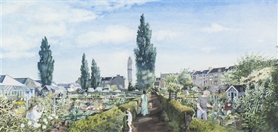 Lot 711 - THE ALLOTMENT, A WATERCOLOUR BY AVRIL PATON