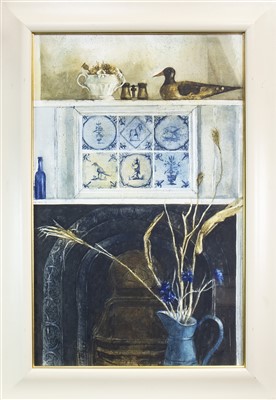 Lot 633 - FIREPLACE WITH BLUE DELFT, A WATERCOLOUR BY GEORGE GILBERT