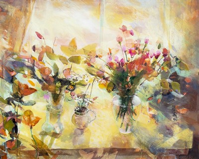 Lot 791 - AUTUMN STILL LIFE, A WATERCOLOUR BY HAZEL NAGL