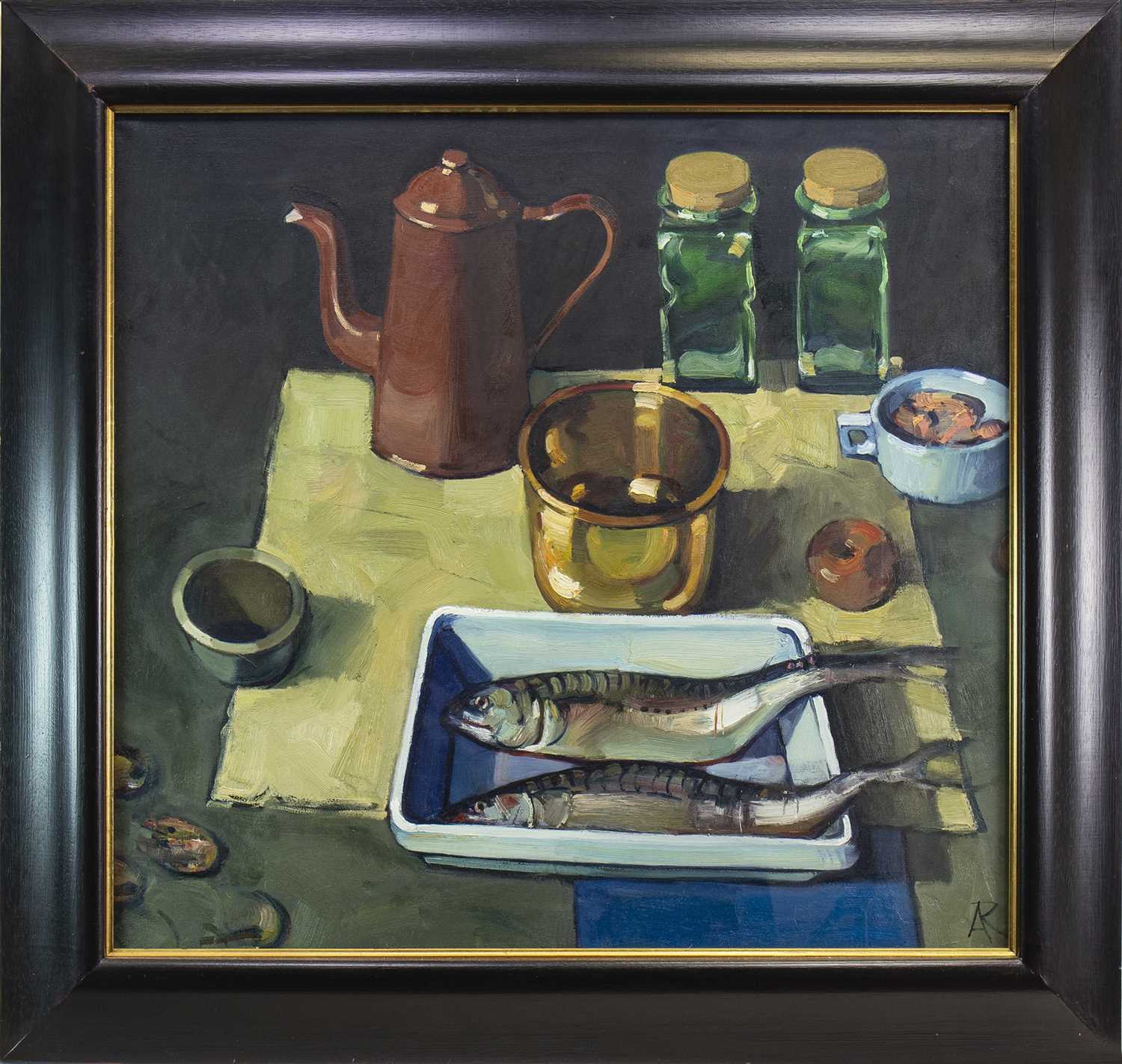 Lot 577 - TWO FISH AND A COPPER KETTLE, AN OIL BY ALEXANDER ROBB