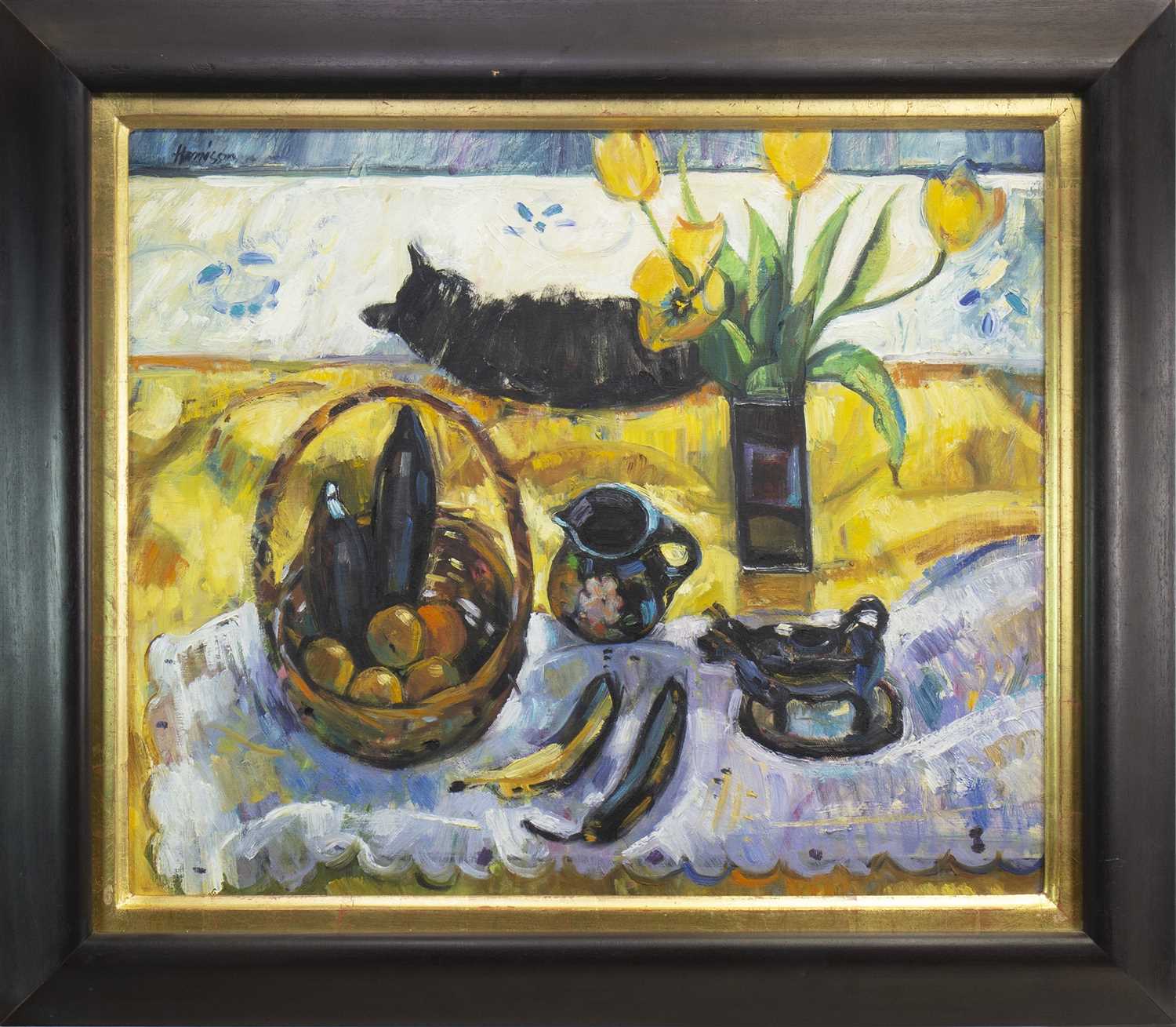 Lot 790 - ARRANGEMENT IN BLACK AND YELLOW, AN OIL BY LAURA HARRISON