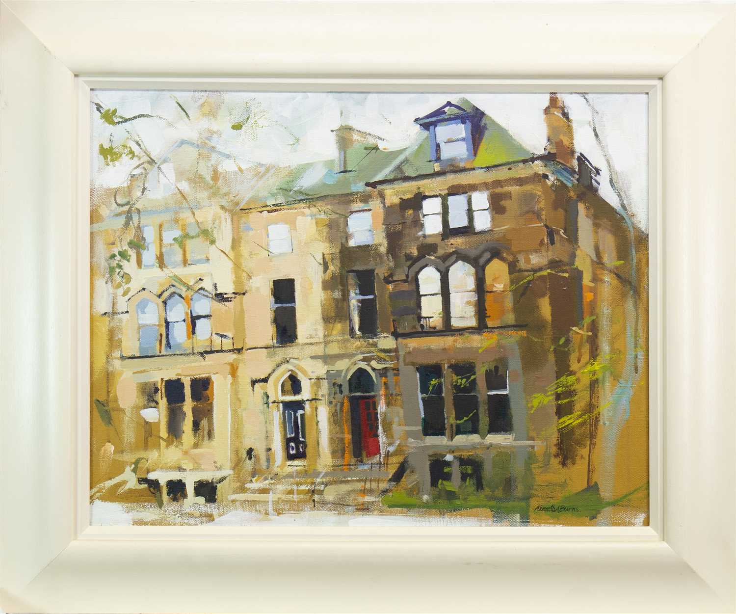 Lot 639 - FACADES OF CONTRASTS, WESTBOURNE GARDENS, AN OIL BY KENNETH A BURNS