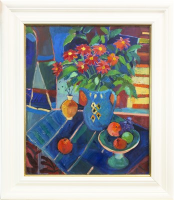 Lot 601 - RED ASTERS, AN OIL BY ANNE MENDELOW