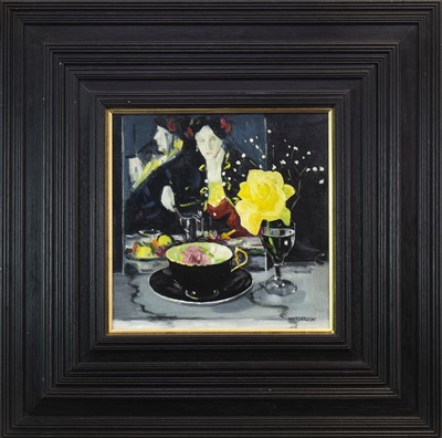 Lot 752 - YELLOW ROSE AND PORTRAIT, AN OIL BY GORDON G HENDERSON