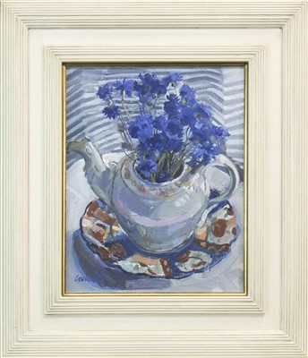 Lot 589 - TEAPOT AND CORNFLOWERS, AN OIL BY CATRIONA CAMPBELL