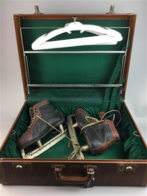 Lot 403 - A LOT VINTAGE SUITCASE, ICE SKATES AND A WASHBOARD