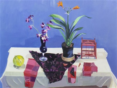 Lot 511 - ORCHIDS AND ORANGE LILY, AN OIL BY MARION NOTMAN