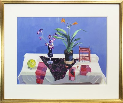 Lot 511 - ORCHIDS AND ORANGE LILY, AN OIL BY MARION NOTMAN
