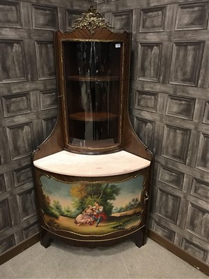 Lot 1641 - A 20TH CENTURY FRENCH STYLE BOW-FRONTED CORNER VITRINE