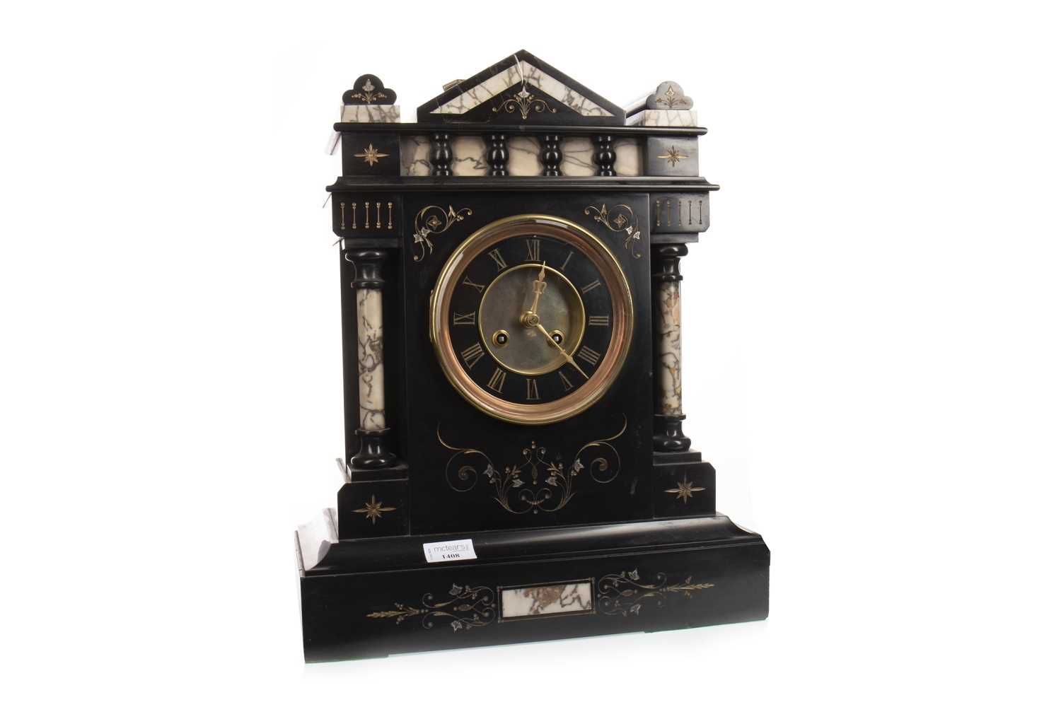 Lot 1108 - A VICTORIAN BLACK SLATE AND MARBLE MANTEL CLOCK