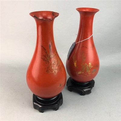 Lot 421 - A PAIR OF CHINESE VASES, WITH A LACQUERED JEWELLERY BOX AND A STAND