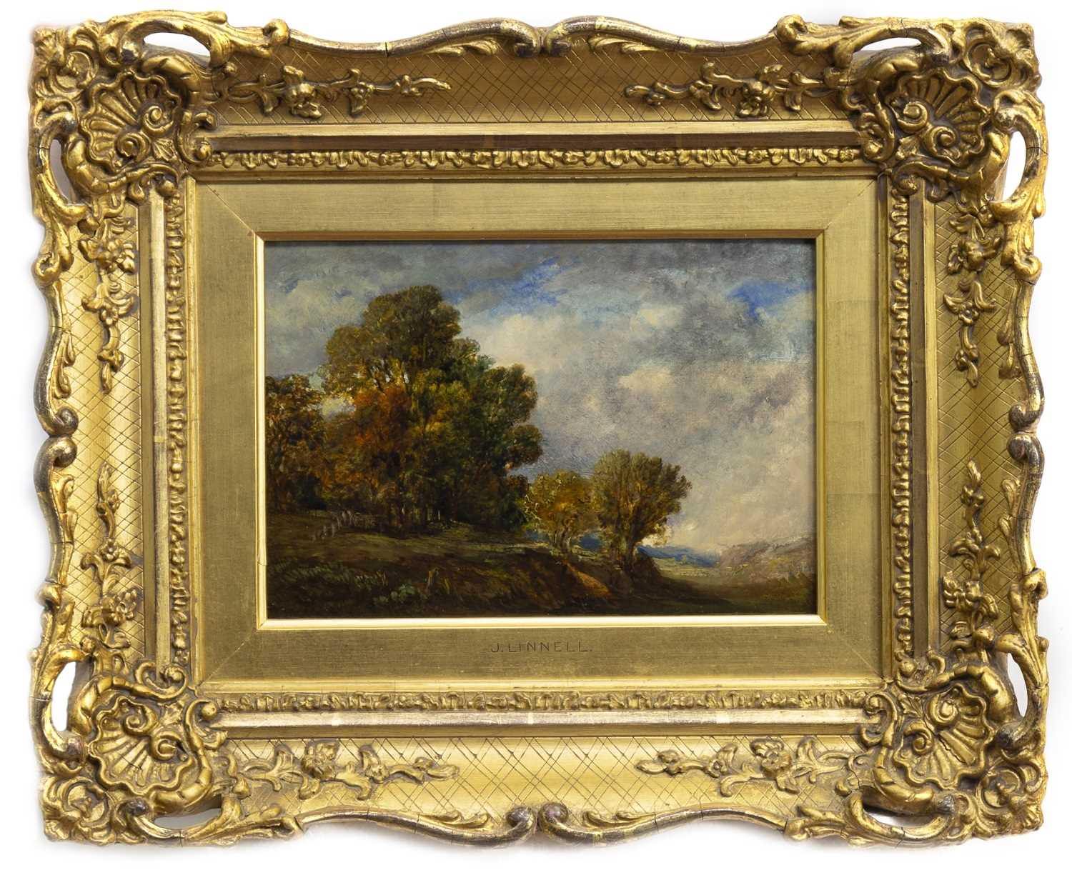Lot 456 - LANDSCAPE WITH TREES, AN OIL BY JOHN LINNELL