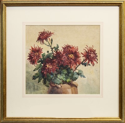 Lot 606 - CHRYSANTHEMUMS, A WATERCOLOUR BY MARION BLOOM
