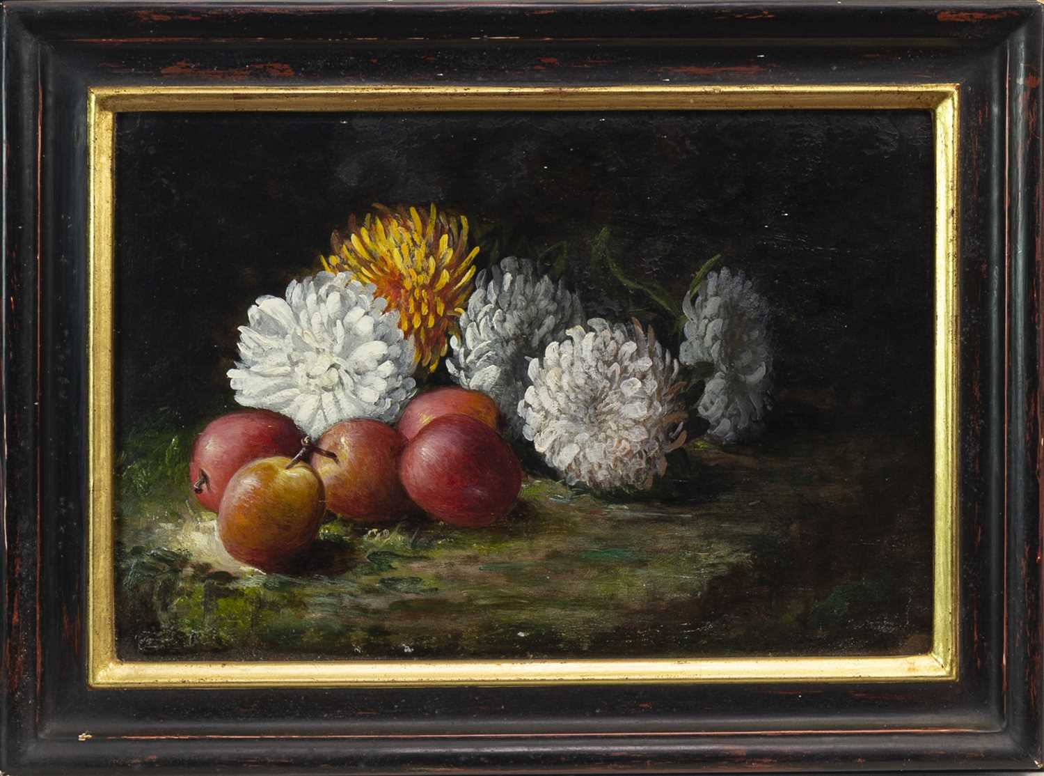 Lot 607 - CHRYSANTHEMUMS AND APPLES, AN OIL