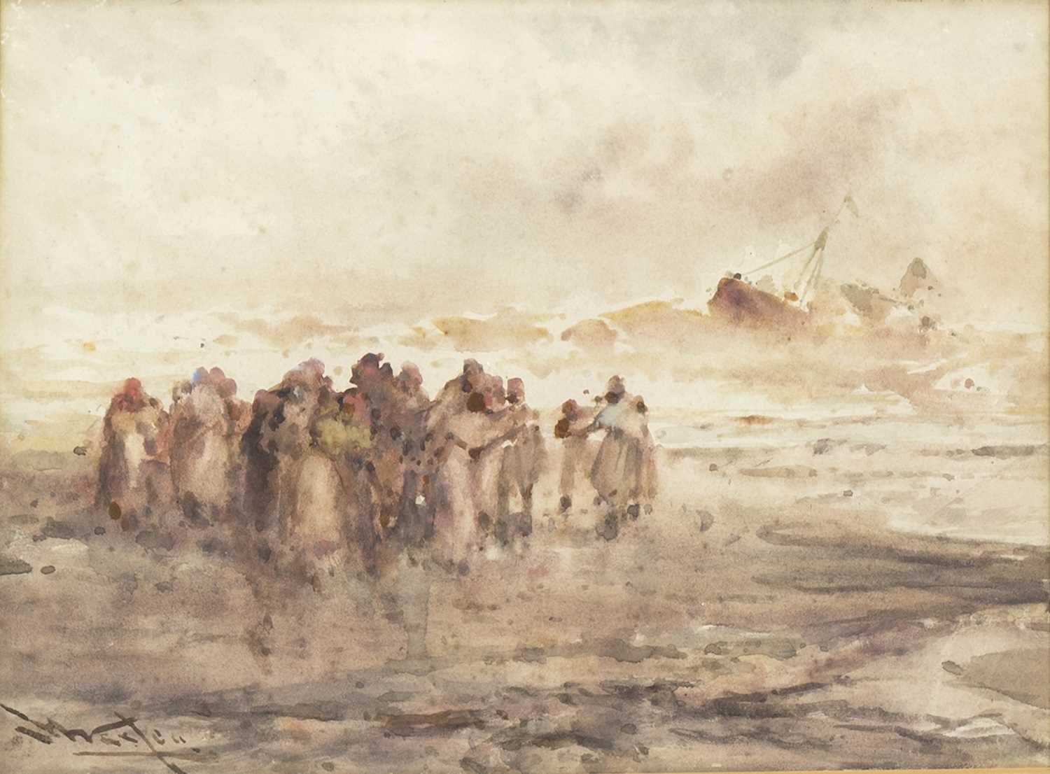 Lot 618 - FIGURES ON THE SHORE, A WATERCOLOUR BY FRANK WASLEY