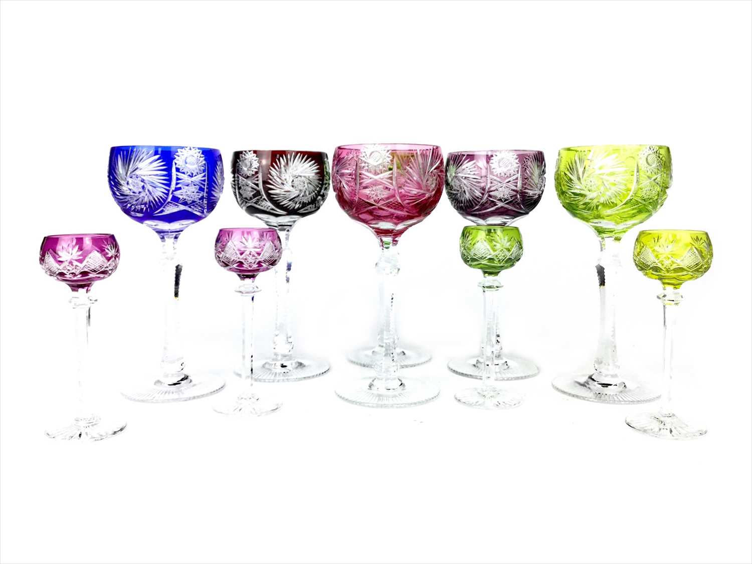 Lot 1216 - A SET OF SIX HARLEQUIN HOCK GLASSES ALONG WITH LIQUEUR GLASSES