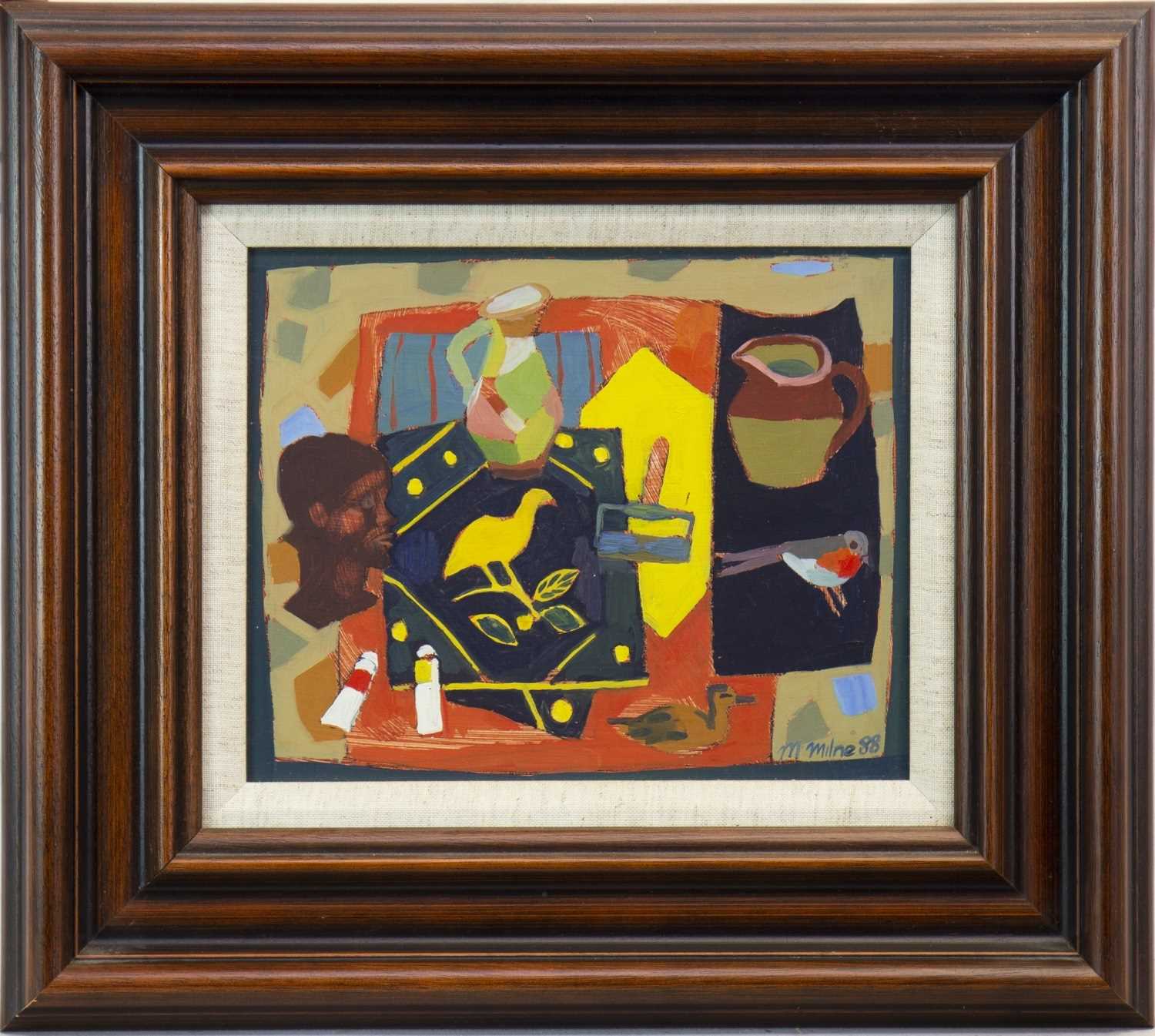 Lot 529 - TABLE TOP STILL LIFE, AN OIL BY MAGGIE MILNE