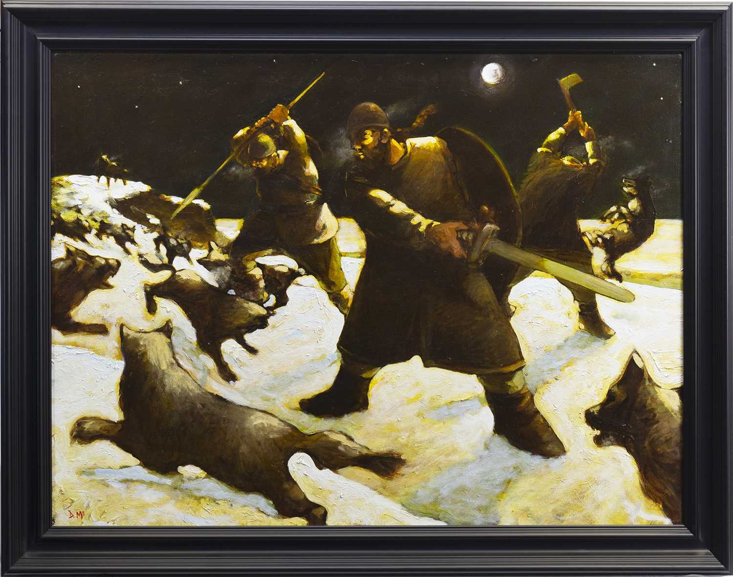 Lot 572 - THE HUNTERS, AN OIL BY DONALD MACLEOD