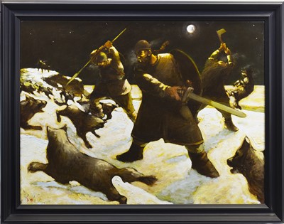 Lot 572 - THE HUNTERS, AN OIL BY DONALD MACLEOD