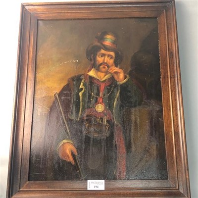 Lot 194 - A 19TH CENTURY OIL PAINTING OF A SWISS SPORTSMAN WITH RIFLE