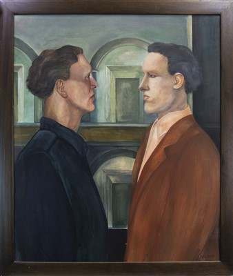 Lot 575 - THE TWO ARCHITECTS, AN OIL BY HEATHER NEVAY