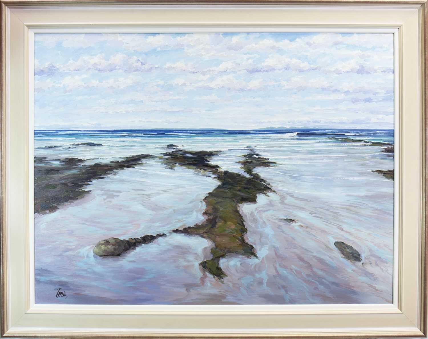 Lot 547 - ROCKS AND SHORE, MACHRIHANISH, AN OIL BY TOM BARRON