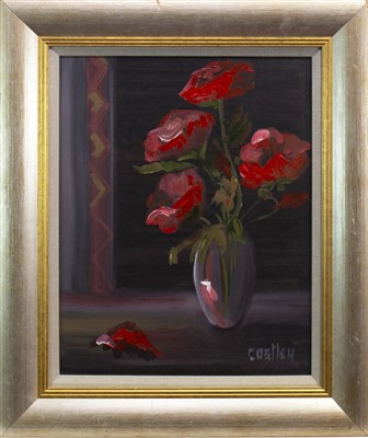 Lot 576 - STILL LIFE WITH ROSES, AN OIL BY BILL COSTLEY