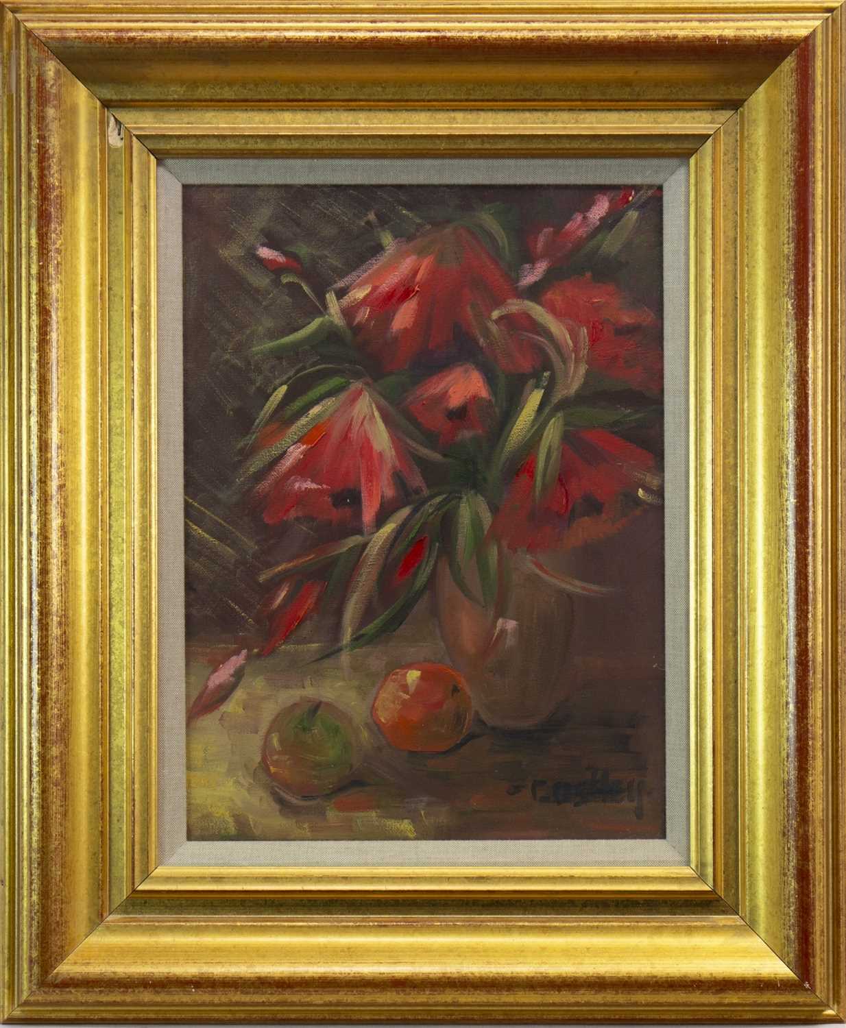 Lot 622 - STILL LIFE WITH FRUIT AND FLOWERS, AN OIL BY BILL COSTLEY