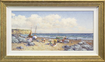 Lot 594 - COASTAL SCENE WITH FIGURES AND BOATS, AN OIL BY WILLIAM HEYTMAN