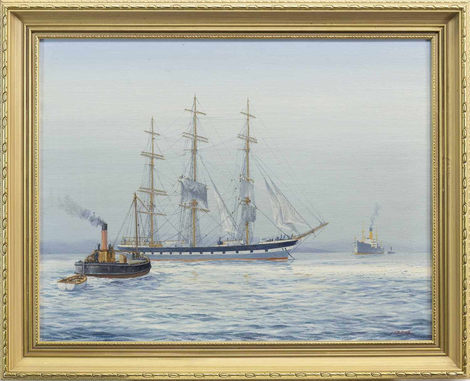 Lot 635 - BOATS IN CALM WATERS, AN OIL BY JAMES BURNIE