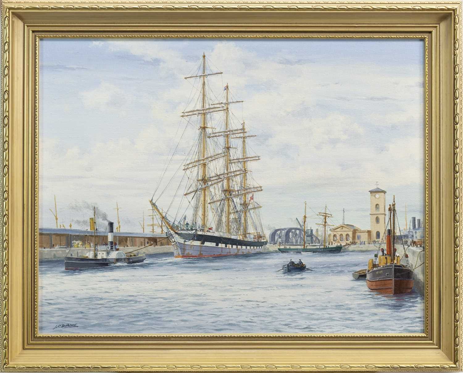 Lot 636 - BOATS IN CALM WATERS, AN OIL BY JAMES BURNIE