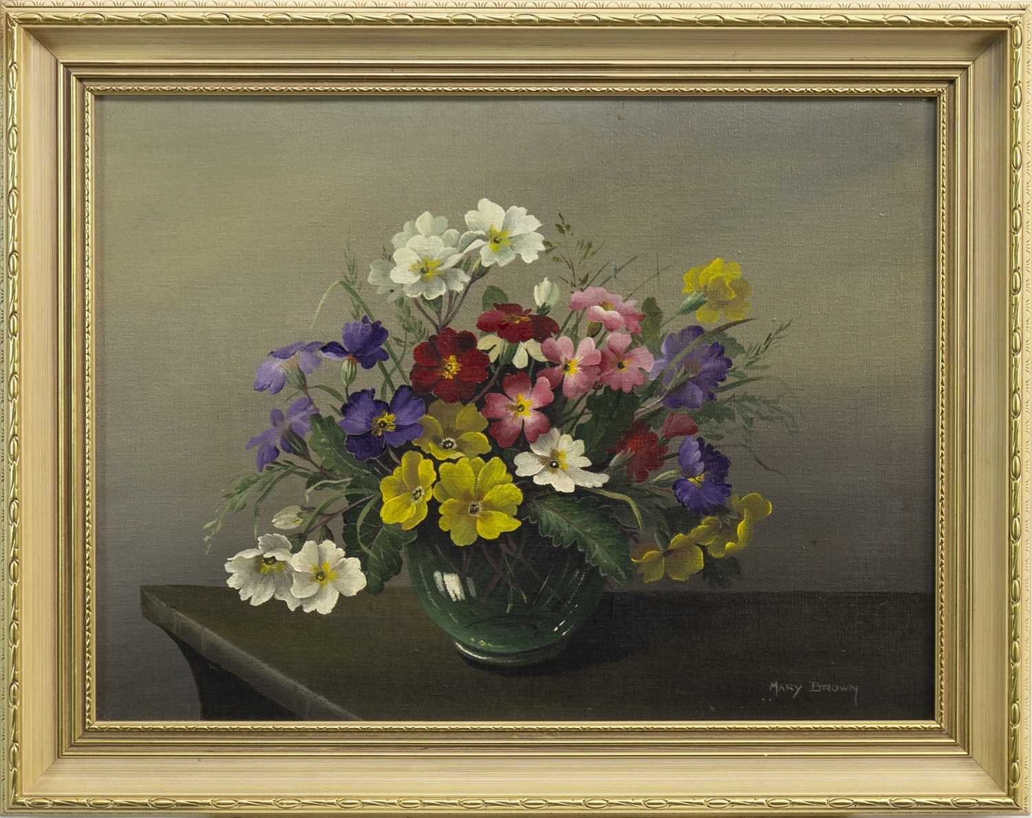 Lot 638 - FLORAL STILL LIFE, AN OIL BY MARY BROWN