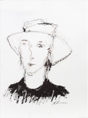 Lot 701 - MAN IN HAT I, A CHARCOAL BY NAEL HANNA