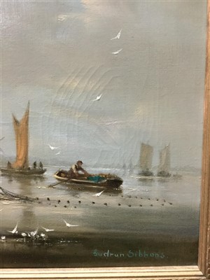 Lot 502 - COASTAL SCENE WITH FIGURES AND BOATS, AN OIL BY GUDRON SIBBONS